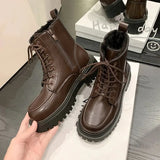 Autumn Winter Platform Ankle Boots Women Thick Sole Pu Leather Biker Boots Woman 2023 Short Plush Lace-Up Shoes