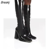 Boots Square Heel Knee-High Classic Square Toe Boots PU Leather Zip Boots Party Dress Dance Shoes Botas De