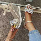 Female Fashion Flower Open Toe Sandals Dress Silver Sandals Women Rhinestone Wedges Platform Party Shoes