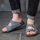 New Summer Men Beach Suede Cork Slipper Couple Shoe Casual Nubuck Leather Women Outdoor Double Buckle Slide