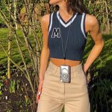 Letter Print Knitted Tank Sweater Vest Women Sleeveless V Neck Vintage Crop Top Preppy Style Vintage