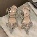 Pointed Toe Rhinestone Pumps Women Crystal Ankle Strap High Heels Sandals Female 2023 Summer Silk Satin Wedding Shoes