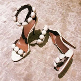 Sandals Women Button Studded Sandals Pyramid Studs Embellished High Heels Pom Pom Stiletto Heels Pumps Summer Dress
