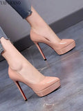 Leather Women Shoes Thin Heel High Heels Pointed Platform Not Tired Feet Black Single Shoes Party Prom Shoes Size 32