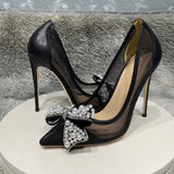 Pearls Bow Women Black Matte Gauze Mesh Pointy Toe High Heel Shoes Elegant Ladies Summer Stiletto Pumps 8cm 10cm