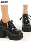 Thick High Heeled Mary Jean Pumps 2023 Spring Summer Ankle Lace Up Women Pumps Round Toe Solid Color Comfy Walk