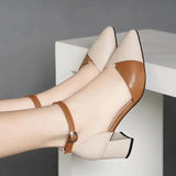 Women Classic Pointed Toe High Quality Black Leather Buckle Strap Square Heel Shoes Lady Office Pumps Sapatos Femininas