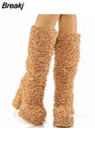 New Pink White Platform Women Knee-high Boots 2023 Winter Warm Plush Flock Gothic Style Chunky Heel Punk Women Shoes