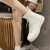 Knitting Platform Ankle Boots Women Spring Autumn Thick Bottom Casual Shoes Women Patchwork Lace Up Short Booties