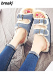 Unisex Plush Cork Slippers 2023 Women Casual Double Buckle Nubuck Leather Non-slip Men Outside Slides