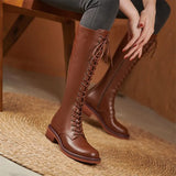 Women Genuine Leather Knee High Boots Round Toe Flat Platform Zipper Lace-up Boot Ladies Shoes Autumn Winter Black