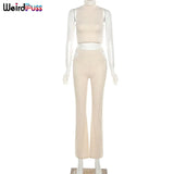 Puss Ribbed Elegant 2 Piece Sets Skinny Summer Backless Tank Tops+Cut Out Pants Solid Stretchy Fashion Streetwear