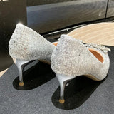 2024 Bling Silver Sequins Pumps for Women Rhinestone Party Wedding High Heels Shoes Woman Pointed Toe Thin Heel