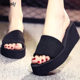 Women for Summer No-Slip Fabric Upper Heels Shoes Home Slipper Soft Platform Sole Ladies Beach Shoes Flip
