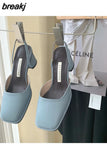 New Designer Heels Women Slippers Square Toe Slip On Mules Ladies Summer Casual Thick Heels Outdoor Slides Female
