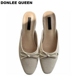 Women Brand Flat Slippers Summer Slides Bowtie Shallow Square Toe Mule Women Breathable Knitting Flip Flops Women Platform