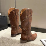 Retro Rivets Western Boots for Women 2023 Brwon Middle Heel Knee High Boots Woman Sexy Pointed Toe Cowgirl Long