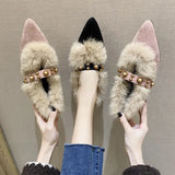 Winter New Women Pointed Toe Rivet Thick Heels Loafer Retro British Style Warm Casual Slip on Chunky Footware Women