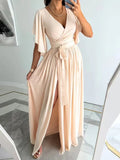 2022 Elegant Solid Flared Sleeve High Waist Long Dress Solid Color V-Neck Office Laddy Dress Summer Sexy Split Drape Dress