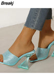 Transparent High Heel Sandals New Square Toe Chunky Heel Rhinestone Sexy High Heels Ankle-Strap Open Toe