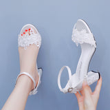 Breakj Cm Thick And Shallow Mouth With Sandals Round Head Square Sandals Rice White Satin Flowers Beaded Wedding