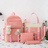 2022 NEW 5-piece set School backpack Canvas Korean Large capacity Women's backpack Kawaii cute doll school girl backpack