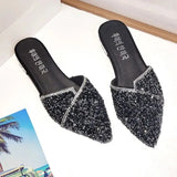 Women's Slippers and Ladies Sandals Crystals Slides Pointed Toe Shoes Mules Summer 2023 with Heel Low Jewels Rhenstone