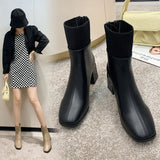 Women Boots Genuine Leather Ankle Boots Square Toe Thick High Heel Zipper Shoes Lady Short Boot Autumn Winter Shoes