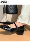 5CM Silver Thick Heels Mary Jane Shoes Women Buckle Strap Square Toe Pumps Woman Med Heele Patent Leather Shoes