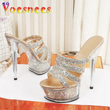 Women New Crystal Slippers 14.5CM Fashion Model High Heels Summer Thin Heels Sexy Party Shoes Waterproof Platform Sequin