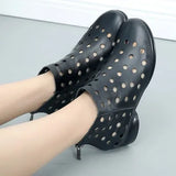2021 Summer Ankle Boots Genuine Leather Shoes Women Med High Heel Back Zipper Boots Cutout breathable Mujer