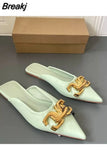 Mules Women's Pointed Toe Slippers Flat Heel Metal Trim Indoor Sandals Summer Outdoor Flip-Flops Metal Chain Dress