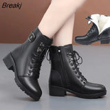 Snow Boots Women's Genuine Leather New Wool Warm Non-slip Luxury Ladies Ankle Black Boots Thick Heels Plus Size 43