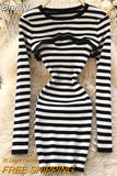 Striped 2 Piece Set Women Fashion Streetwear Long Sleeve Knit Pullover Crop Top + Spaghetti Strap Bodycon Dress
