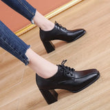 Spring and Autumn New High Heels Women's British Style Thick Heels Fashion Lace-up Deep Mouth Small Leather