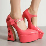 Pumps Round Toe Chunky Block Heel Ankle Strap With Heart 2023 Spring Brand New High Heels Mary Janes Women
