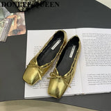 Brand Flats Women Shoes Female Slip On Casual Loafers Square Toe Ballet Boat Shoes Shallow Bow Knot Ballerinas Gold