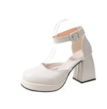 Spring And Summer Barbie Pink Single Shoes Waterproof Platform With Baotou Thick Heel Hollow Mary Jane Square Head High
