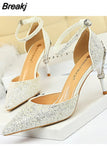 Elegant Party Sandals Metal Stiletto Glitter Pumps Luxury Women's Wedding Shoes Bride Gold Silver 2023 Women High