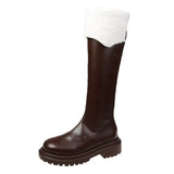 Winter Platform Boots Leather Fur Boots Thigh High Flat Boots Black White Botas Knee High Shoes Goth Punk Riding