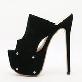 Female Mules Heels Corduroy Thin Heels Peep Toe Slip-On Super High Heel Rivet High Platform Mature Women's