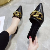 Women's Mules Shoes Pointed Toe Low Heel Women's Slippers Summer Metal Chain Female Sandals Woman Closed Toe Casual