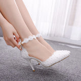 Queen Women Sandals High Heels White Blue Lace Wedding Shoes Pointed Toe Flower Pearls