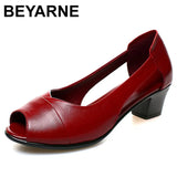Genuine Leather Comfortable Ladies Mid Heel Sandals Women Shoes Hollow Peep Toe Square Heel Sandals