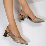 Bling Gold Silver Women's Sandals 2023 Sexy Point Toe Thick Heel Party Shoes Woman Summer Slip-on Square Heeled