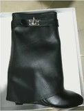 Suede Shark Lock Boots Pointed Toe Height Increasing Women's Ankle Winter Runway Boots Size 10 Sexy Woman Ankle
