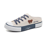 Women Cute Bear Canvas Shoes New Flat Casual All-match Half Slippers Korean Version Trend Lace Up Ladies Vulcanized