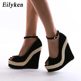 Platform Sandals Women High Quality Flock Fabric Peep Toe Fashion Buckle Strap Wedge Heels Dress Ladies
