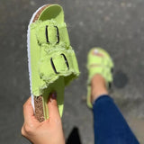 Summer Women Fashion Canvas Cork Slippers Casual Double Buckle Tassel Clogs Slides Non-slip Outside