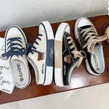 Women Cute Bear Canvas Shoes New Flat Casual All-match Half Slippers Korean Version Trend Lace Up Ladies Vulcanized